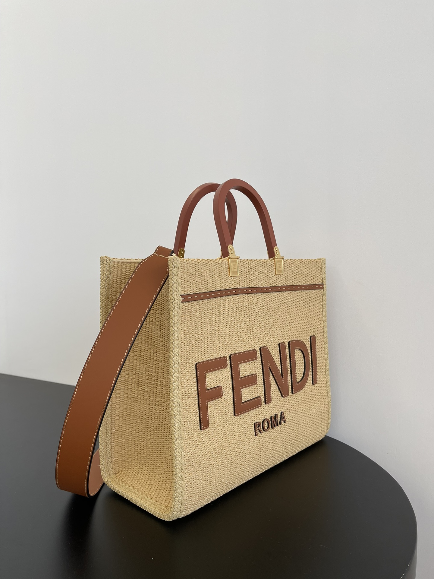 Fendi Medium Sunshine Shopper Brown Leather and Beige Cotton Bag